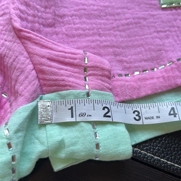 QUEEN OF SPARKLE Rhinestone Gauze Short Pink Green Pockets Pull On Sz S - Picture 11 of 11